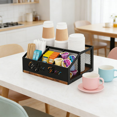Coffee Station Organizer With Metal Mesh Compartments, Rustic Wooden Countertop Storage For Coffee Pods, K-Cups, Syrup, Mugs, And Tea Accessories