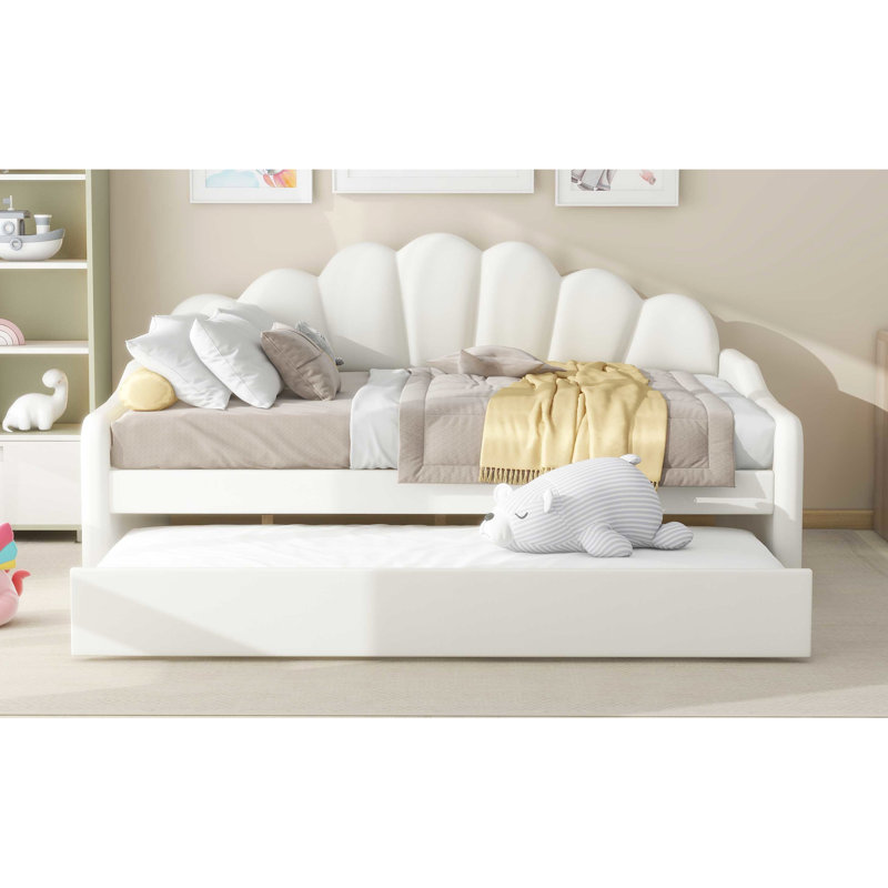 Upholstered Full Size Daybed With Shall Shaped , White - Soft Fabric, Frame, Versatile Living Room Furniture Velvet Covering And Trundle In Elegant Multipurpose Area