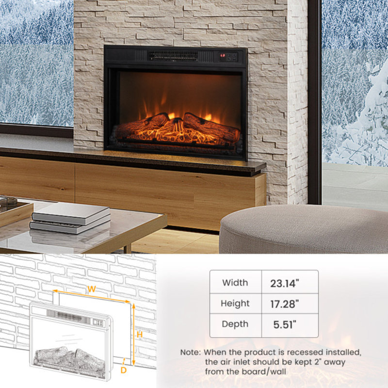 Foyer électrique encastrable 23 po avec 3 niveaux de luminosité, minuterie, protection contre la surchauffe, flamme et chaleur fonctionnant séparément