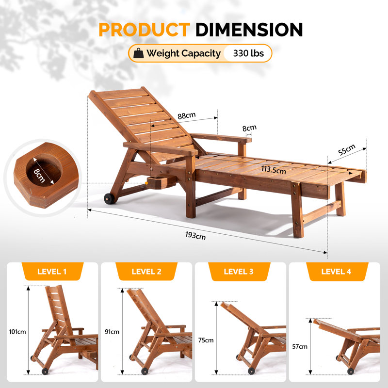 Brown Patio Wood Lounge Chaise With Receptacle