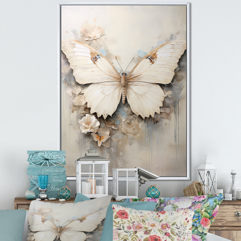 Minimalisme, papillon beige - art mural papillon, H 20 po x l 12 po x P 1 po, Cadre flottant blanc