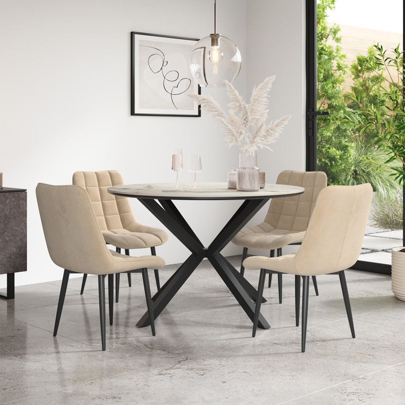 Calne 120cm Round Calcutta Gold Marble Effect Ceramic Dining Table Set with 6 Nova Velvet Chairs, Beige