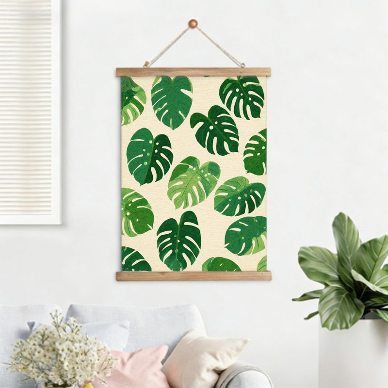 Motif de feuille Monstera, art mural à volutes suspendues, cintre en bois intégré, 16 x 24