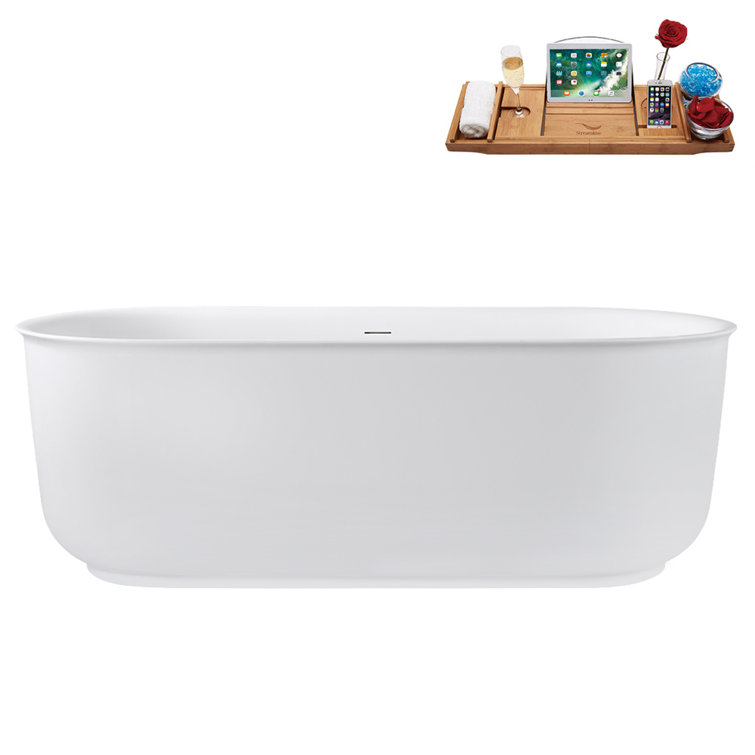 67" Streamline Soaking Glossy White Freestanding Tub and Tray With Internal Drain