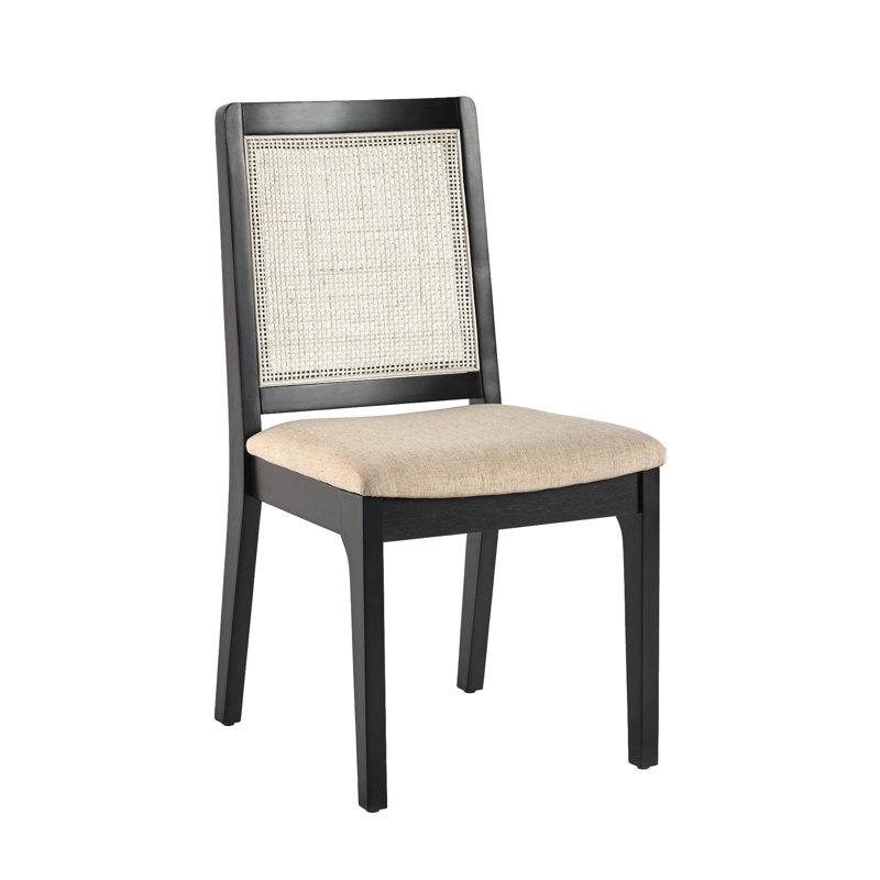 Black Solid Wood Dining Chair with Rattan Inset Back, Set of 2