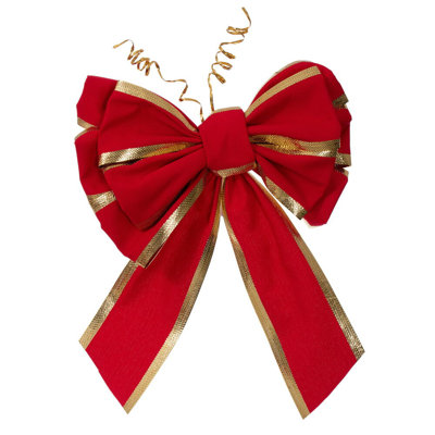 The Holiday Aisle® 12" x 13" Red Velvet-Gold Trim 11-Loop Hand Tied UV Bow 2.75" Size Ribbon
