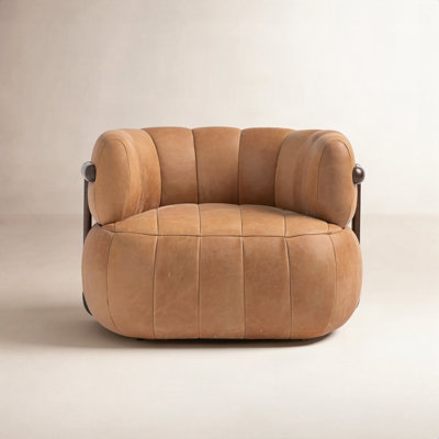 Gian Oak Genuine Leather Swivel Barrel Chair