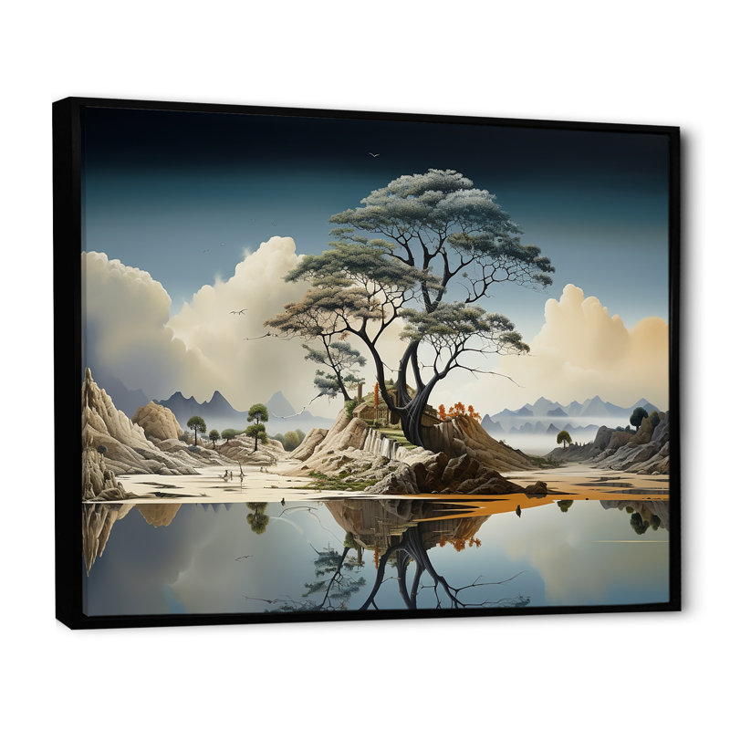Arbre surréalisme surréalisme IV - Art abstrait paysage, Cadre flottant noir, H 34 po x l 44 po x P 1,5 po