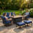 7-Person Outdoor Aluminum Patio Set With 55,000 BTU Fire Pit Table, Wood-Look Armrests, 5.12" Cushions, Swivel Chairs & Ottomans-818495049