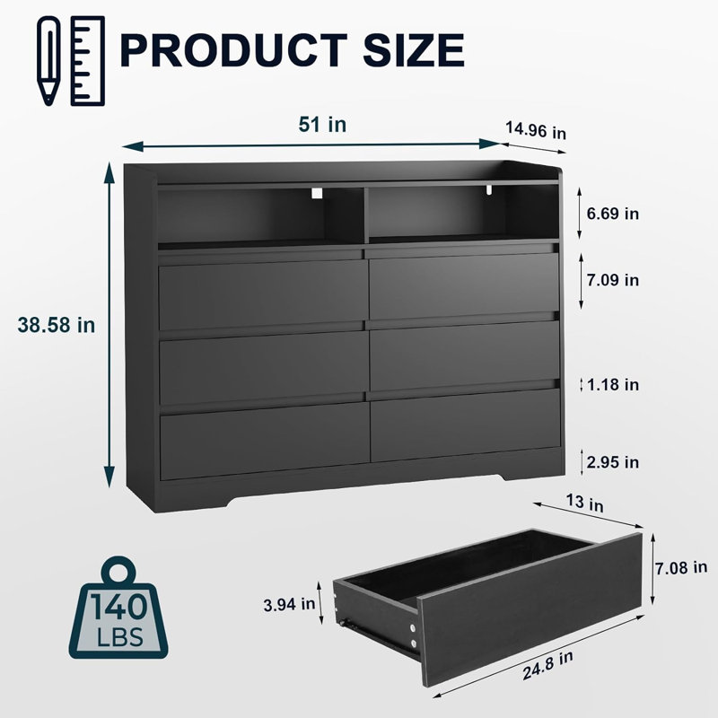 Commode double 51 tiroirs de 51,18 po de largeur avec lumières à DEL RVB, Noir