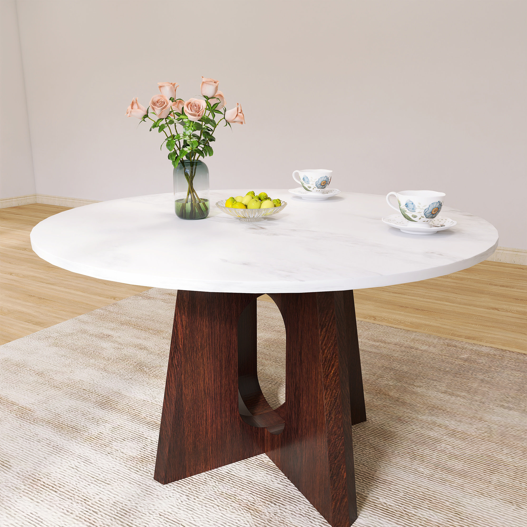 Orren Ellis 53" Sintered Stone Round Dining Table With Solid Wood ...