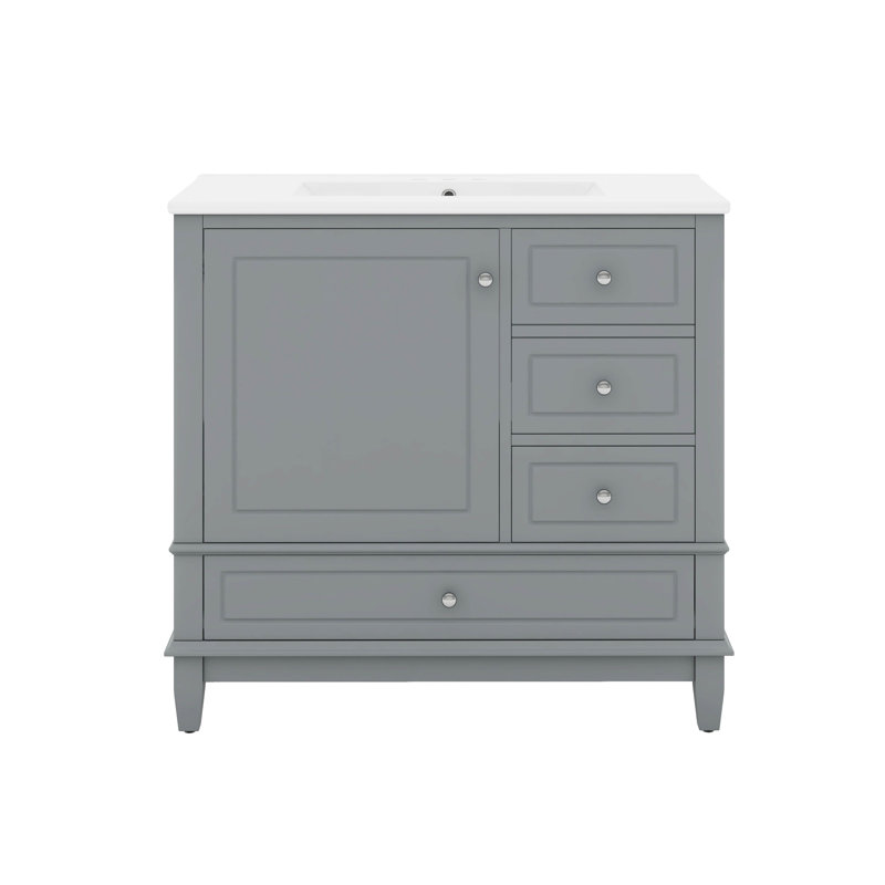 Bathroom Vanity With Sink, 3 Drawers And One Door With Storage Racks, Gray, 36"