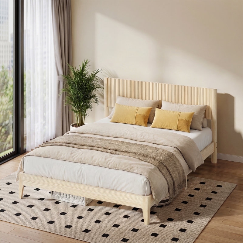 Solid Wood Full  Bed Frame Platform Bedframe With Headboard Grille Style, Full