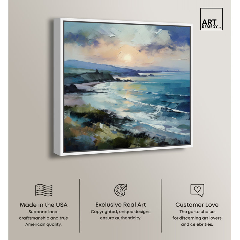 Blue and White Coastal Abstract Canvas Print with White Frame