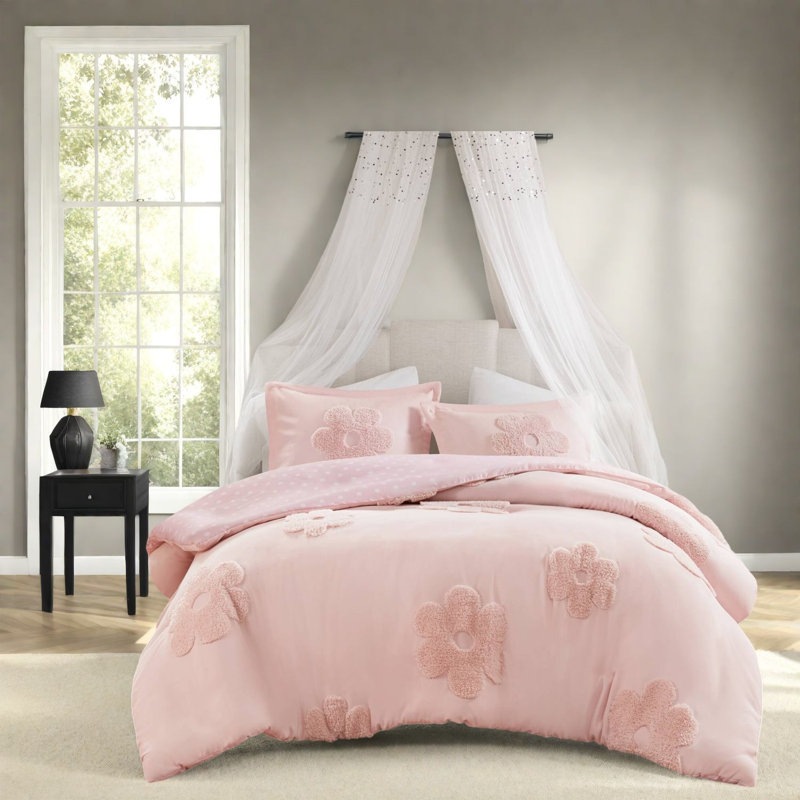 Ensemble de literie en chenille à motif floral, motif rose réversible, grand