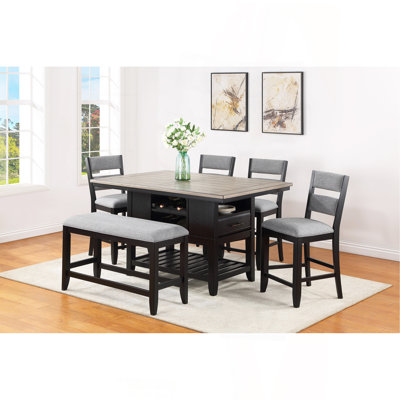 Ensemble de salle à manger 6 pièces à hauteur de comptoir à finition rectangulaire noir gris brun Table de rangement rectangulaire pour bouteilles de vin