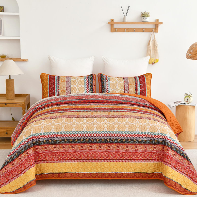 Ensemble de courtepointe 3 pièces Boho, Orange, Courtepointe très grand et 2 très grandes taies 