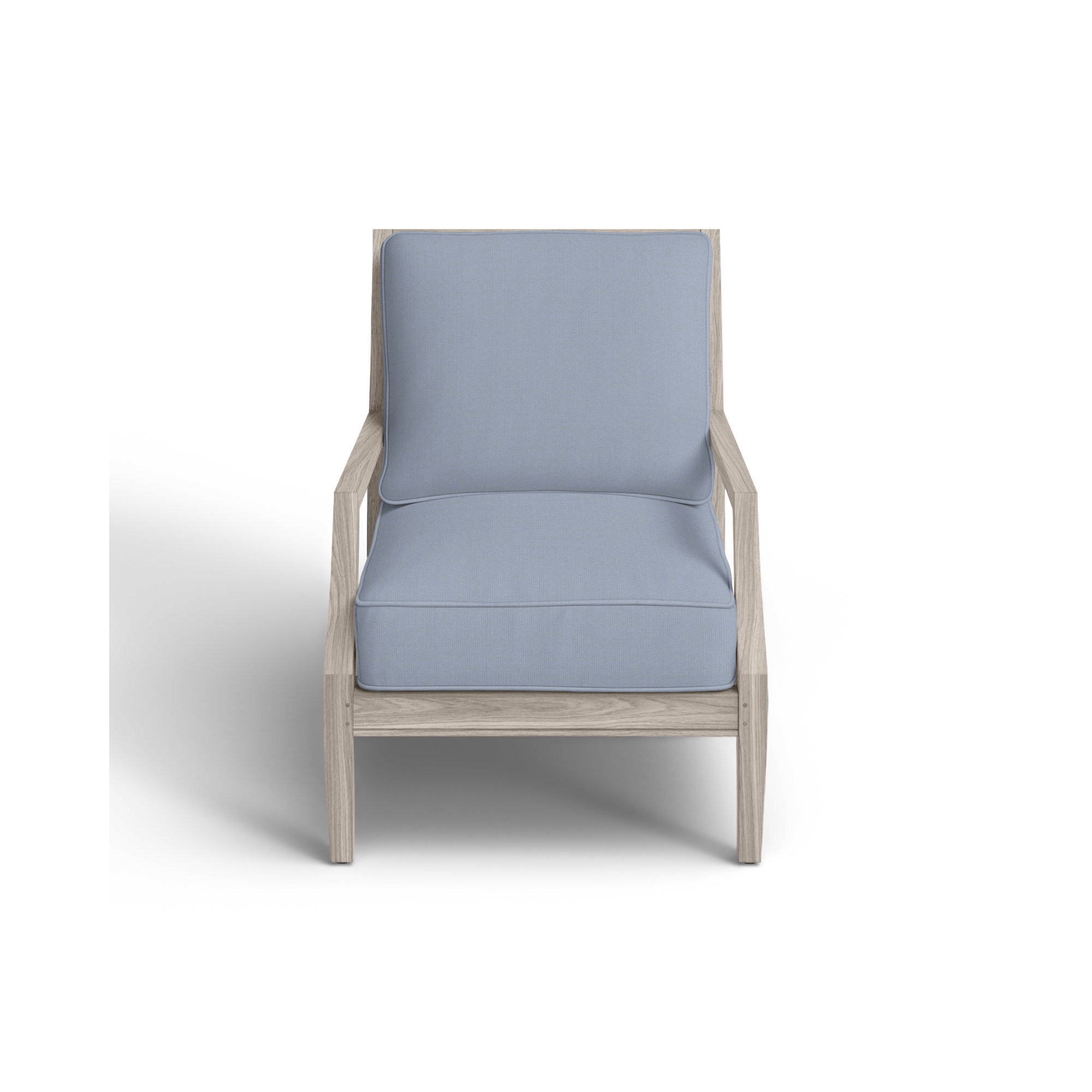 Haley Teak Outdoor Lounge Chair Latticework Back, Arbor Chambray Dove Sunbrella®, Oyster Teak, Welt + Standard fill