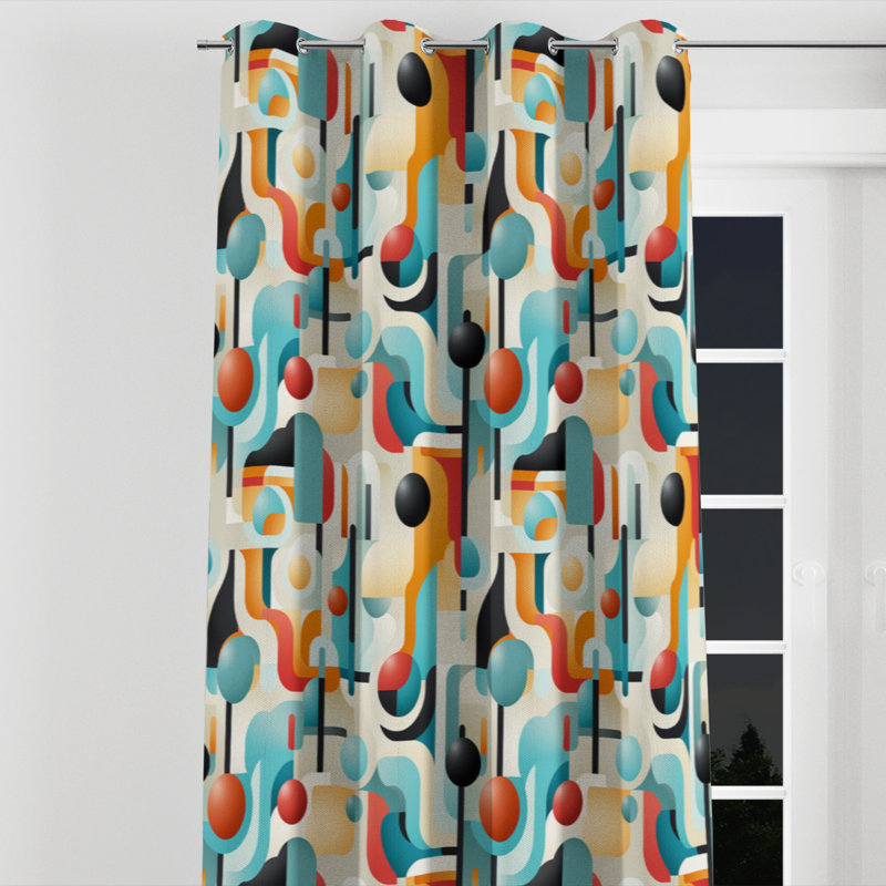 Rideau occultant avec œillets orange turquoise rétro Revival, L 52 po x L 90 po, Œillets argentés