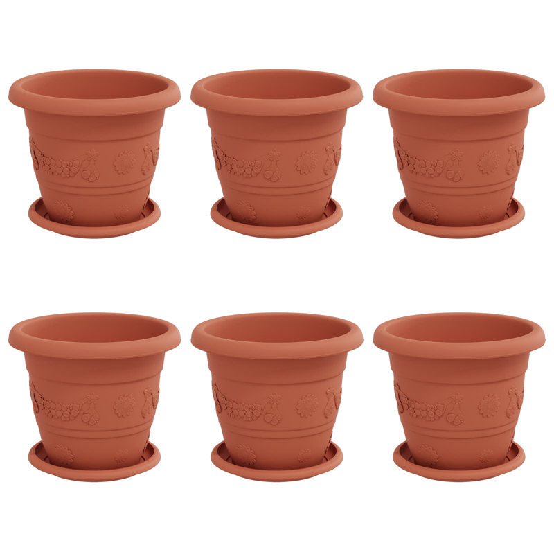  Plant Pots 6 Pcs Plastic, Brick Red, 18cm H x 22cm W x 22cm D