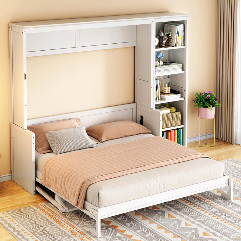 Grand lit escamotable avec bureau et bibliothèque, Blanc
