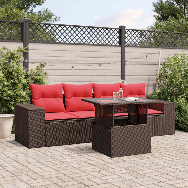 Ensemble de canapé de patio 5 pièces avec coussins en rotin de polyester, Rouge, Brun