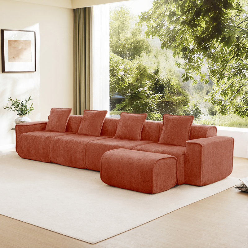 Canapé modulaire modulaire en L à 4 places avec passepoil à bordure française, aucun assemblage requis, canapé à 4 places avec coussins décoratifs et 1 repose-pieds mobile, tissu en velours brun