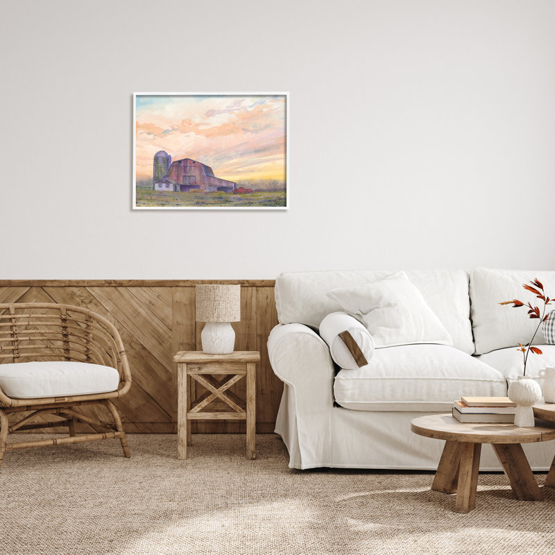 «Country Barn At Sunrise On Wood» par Patti Bishop, peinture, Estampe numérique encadrée blanc bord de mer