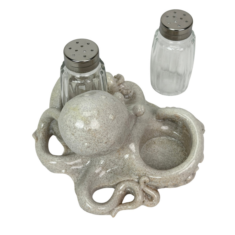 Ensemble salière et poivrière en résine blanc cassé, motif pieuvre, verre et métal, 14 cm de large