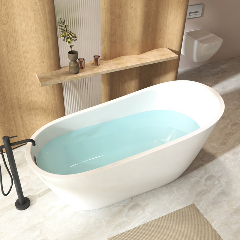 Freestanding 67 - Inch Oval Bathtub, Gloss White Finish, Overflow, Pop Up Drain, , Contemporary Design, Acrylic Soaking Tub For Bathroom