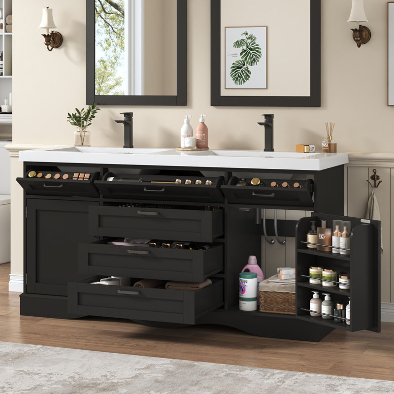 Meuble-lavabo double 59 po avec lavabo encastré 59 po, armoire autoportante avec 2 portes, 3 tiroirs et compartiments de rangement rabattables