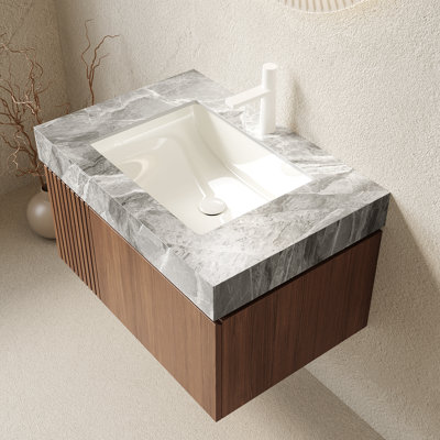 Meuble-lavabo moderne (avec meuble-lavabo et lavabo) avec rangement, chêne brun flottant de 30 pouces