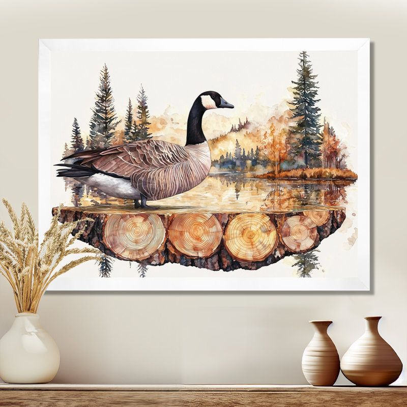 Oie canadienne dans un lac en bois, paysage II - oie, art mural, H 34 po x l 44 po, Cadre simple, Blanc