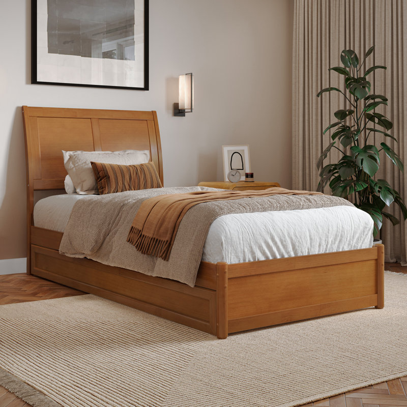 Lamayia Solid Wood Sleigh Platform Bed with Footboard & Roll Out Trundle, Light Toffee, Twin XL