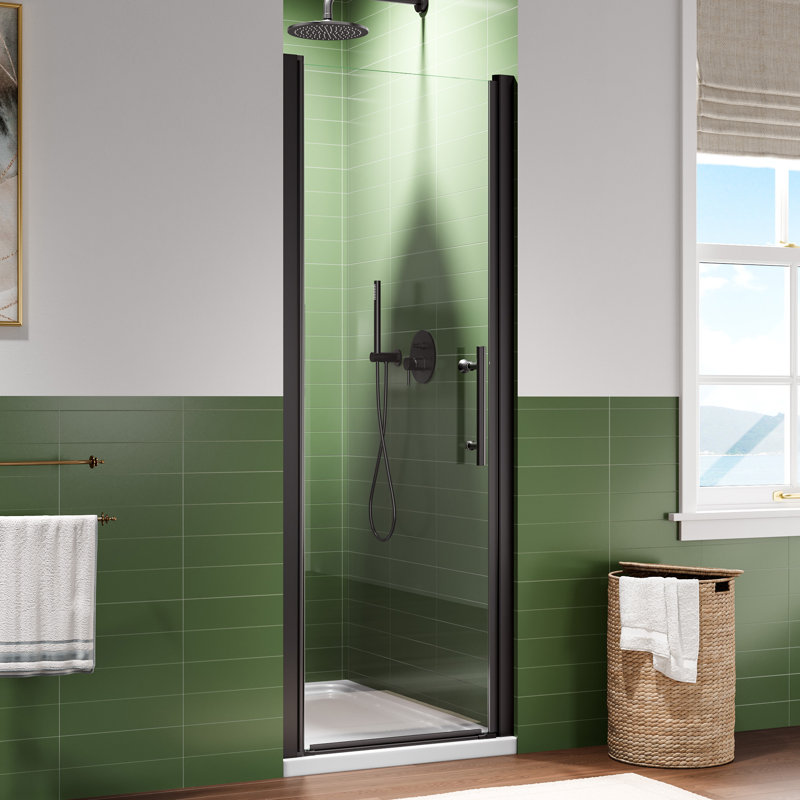 26-27.5 In.W X 68 In.H Semi-Frameless Small Pivot Shower Door With 6Mm Tempered Glass, No-Top-Rail Design, Matte Black