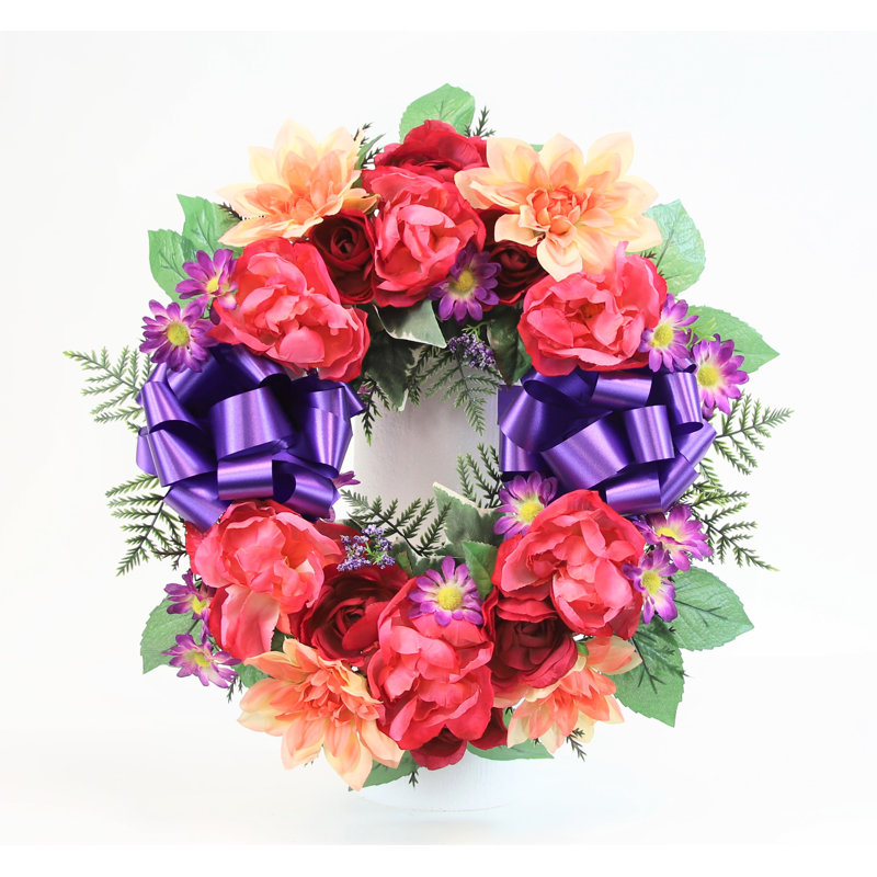 Couronne de pivoines et de dahlia avec chevalet 18 po, Mauve