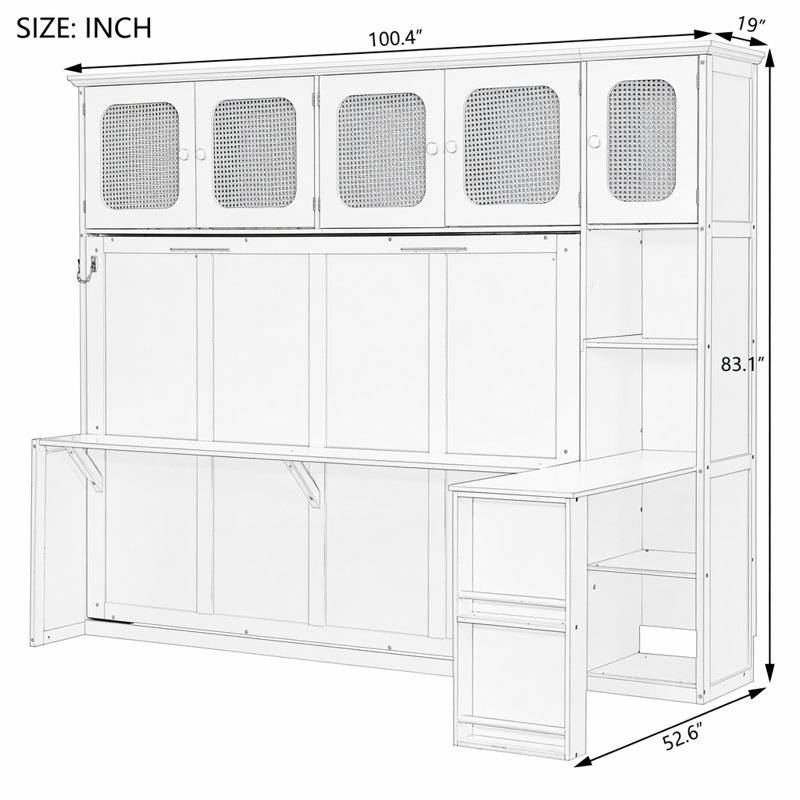 Lit escamotable double avec bureau et armoires en rotin, lit mural peu encombrant, Blanc