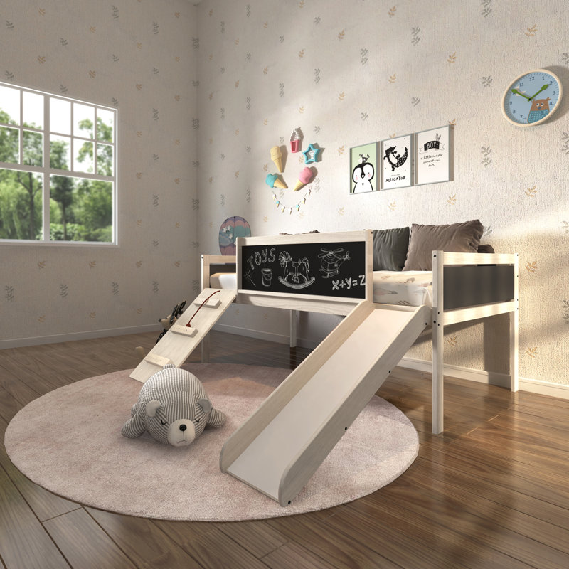 Twin Loft Bed with Storage Drawer and Playful Slide in White Wash Pine