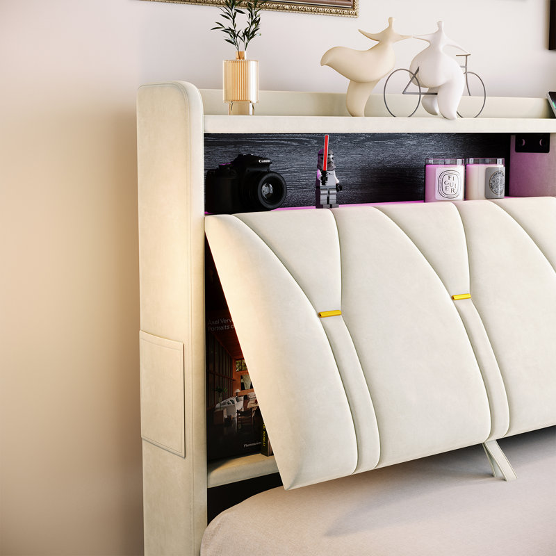 Upholstered Bed Frame with Charging Station & Headboard Storage, Hydraulic Lift-Up Base, EuropeanDouble (140 x 200 cm)