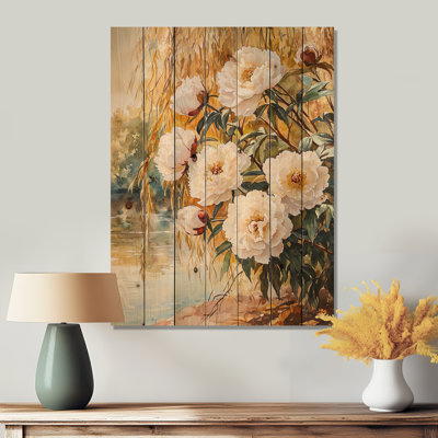 Peonies By The Autumn Willow IV - Peonies Wood Print - On Natural Pine Wood