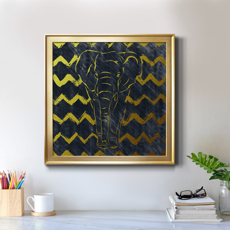 Éléphant brossé - Peinture sur toile encadrée, Cadre doré, H 17,5 po x l 17,5 po x P 1,5 po