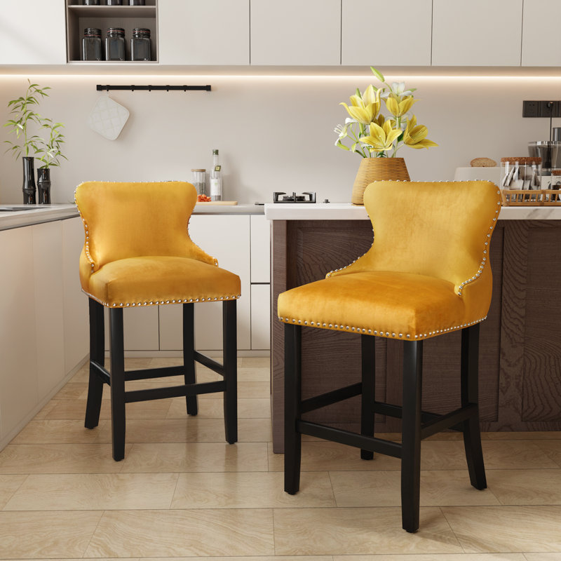 Modern Velvet Upholstered Bar Stools Counter Height Barstools Set of 2, Yellow