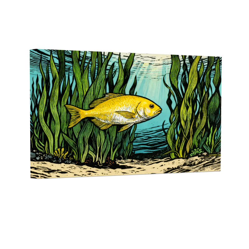 Animals Yellow Fish Swims Among Green Seaweed Underwater Scene, 12" H x 18" W