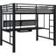 Lit mezzanine en métal noir avec espace de travail, plateau à clavier et tablettes de rangement pour lit de poste de travail double, espace de travail combinant les fonctions