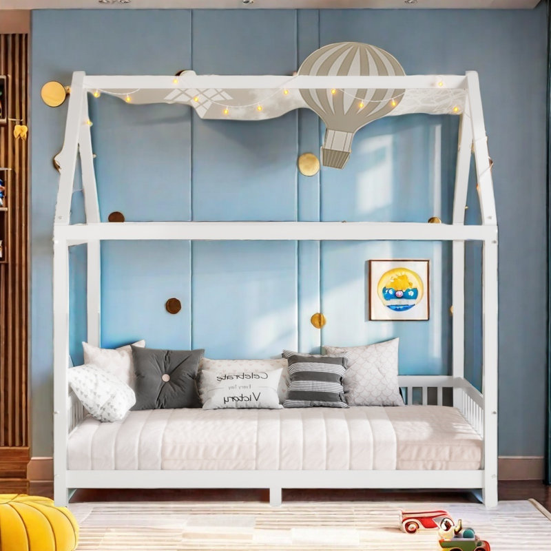 Wood House Bed With Guardrail And LED, Twin