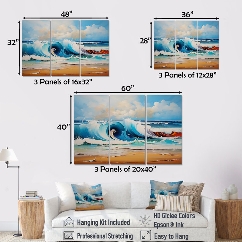 «Vibrant Beach Waves 2» - art mural vagues côtières, Toile tendue, H 40 po x l 61 po x P 1 po