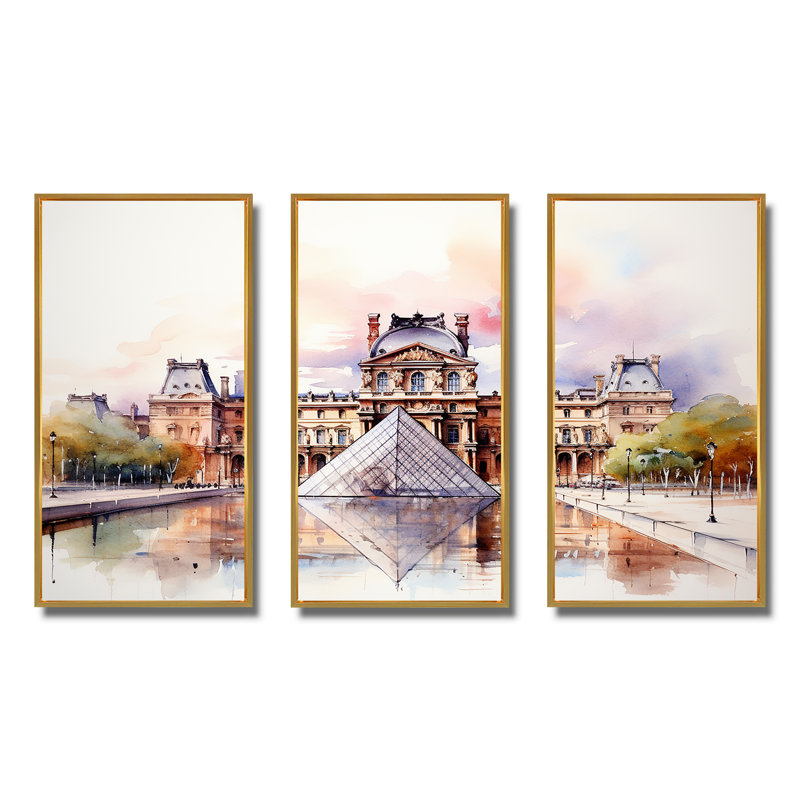 «Paris Le Louvre Essence - City Paris», art mural, H 28 po x l 36 po x P 1 po, Cadre flottant doré