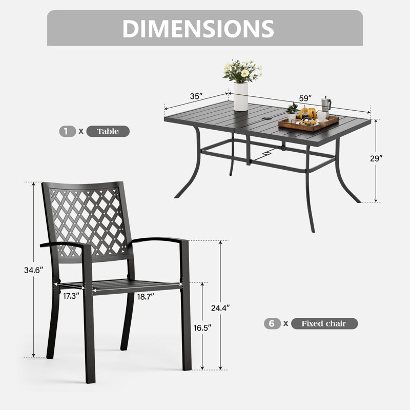 Ensemble de salle à manger de patio en acier pour 6 personnes avec table rectangulaire Alyah