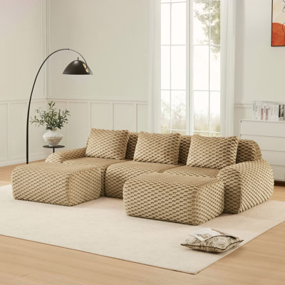 114" Modern U-Shaped Modular Sectional Sofa For Living Room,Flannelette Fabric,Oversized 3-Seater Couch,Boneless Sofa ,Movable Ottoman,Buckle Connection,Anti-Slip Design,No Assembly,Light Camel