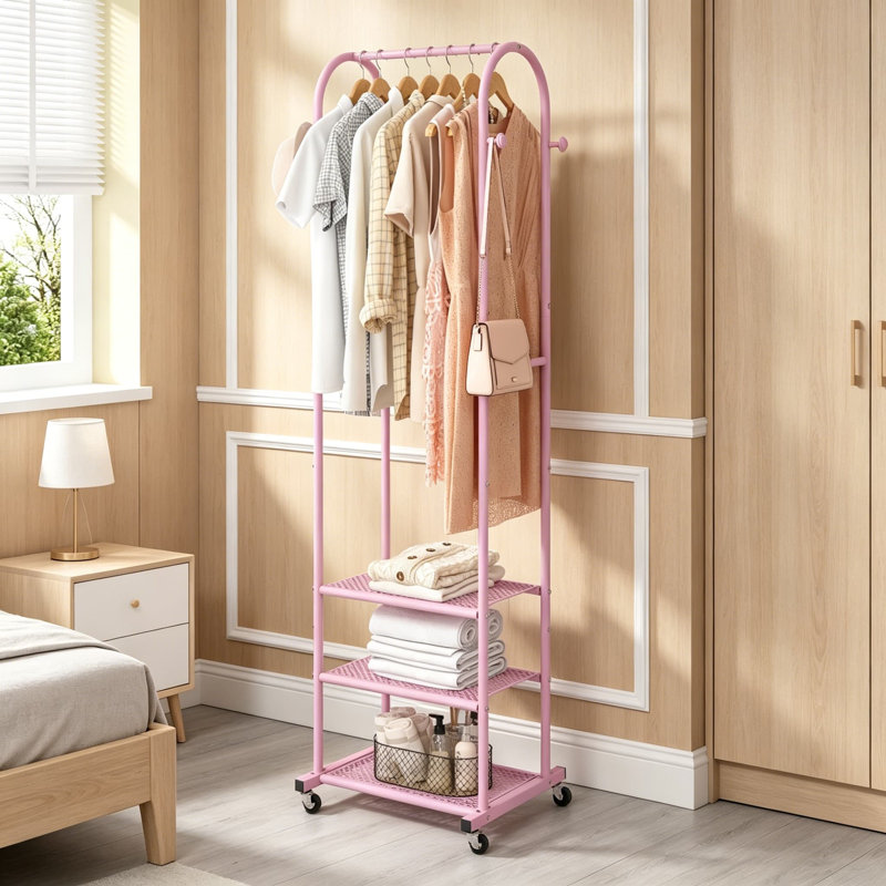 Portant à vêtements robuste avec roulettes, portemanteau 71,8 pouces avec 3 tablettes en métal, présentoir moderne pour suspendre les vêtements, portemanteau roulant pour petits espaces, rose